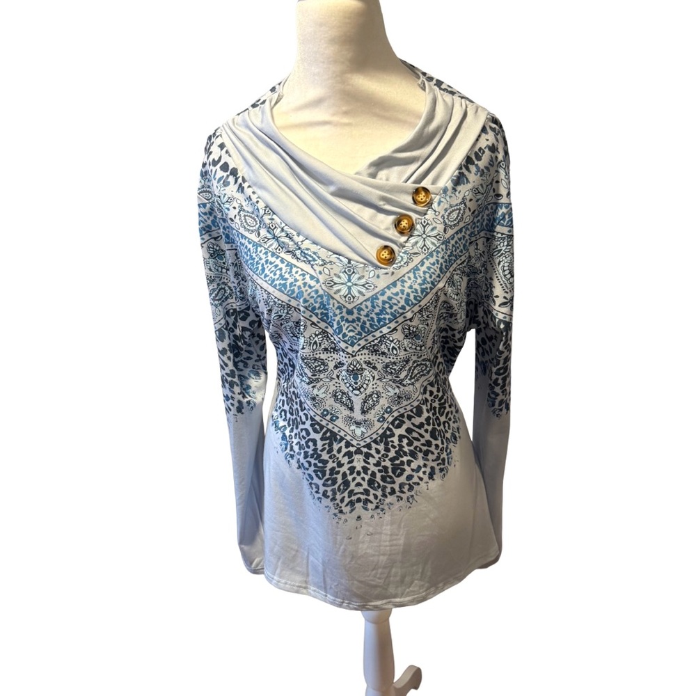 Women's Elegant Blue Patterned Long Sleeve Women's Top Size 2XL